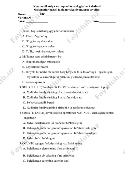 kommunikatsiya va raqamli texnologiyalar kafedrasi yakuniy nazorat savollari — DOCX