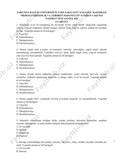 mediasavodxonlik va axborot madaniyati test savollari — DOC