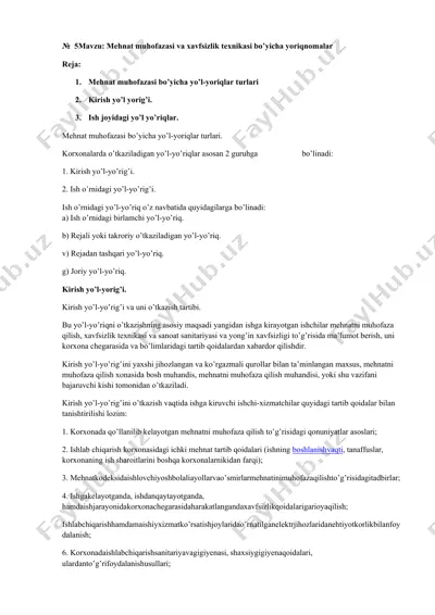 mehnat muhofazasi va xavfsizlik texnikasi bo’yicha yoriqnomalar — DOCX