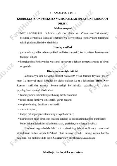 matlab-simulink dasturiy ta'minoti uchun korrelyatsiya funksiyasi va signallar spektrini tadqiqot qilish — DOCX