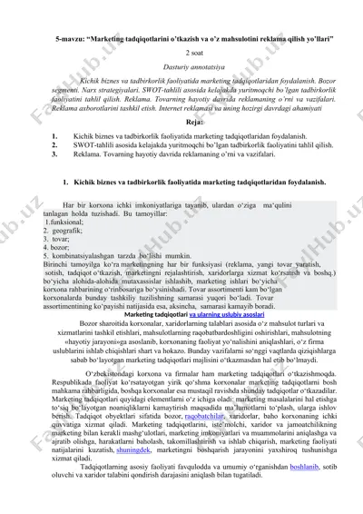mаrkеting tаdqiqоtlаrini o’tkаzish va o’z mаhsulоtini rеklаmа qilish yo’llаri — DOCX