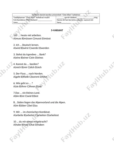 nemis tili fani bo'yicha yakuniy nazorat test savollari — DOCX