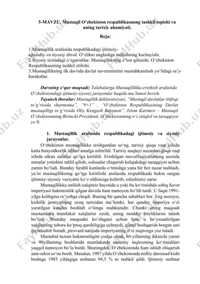 mustaqil o‘zbekiston respublikasınıng tashkil topishi va uning tarixiy ahamiyati — DOCX