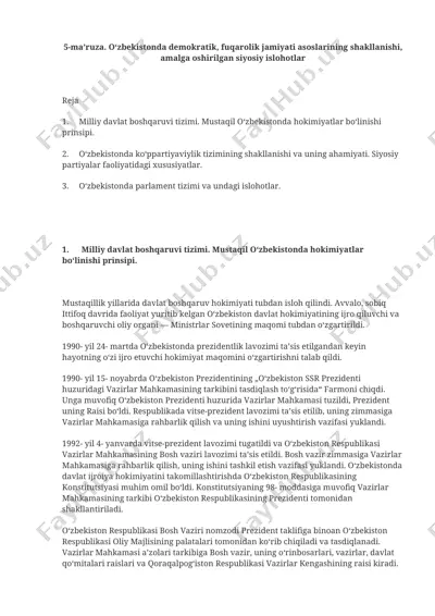 o‘zbekistonda demokratik, fuqarolik jamiyati asoslarining shakllanishi, amalga oshirilgan siyosiy islohotlar — DOCX