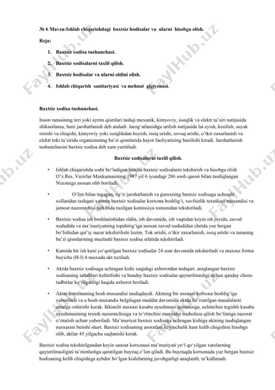 ishlab chiqarishdagi baxtsiz hodisalar va ularni hisobga olish. — DOCX
