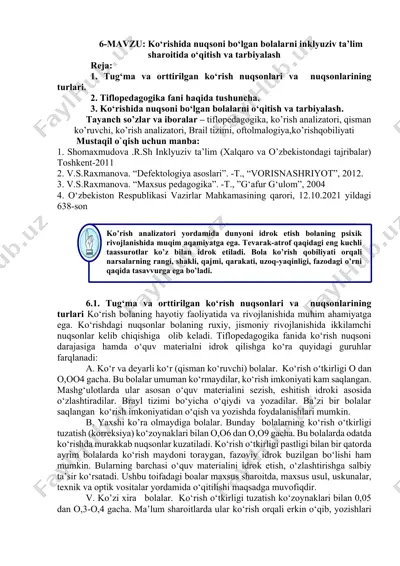 ko‘rishida nuqsoni bo‘lgan bolalarni inklyuziv ta’lim sharoitida o‘qitish va tarbiyalash — DOCX