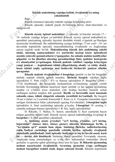 klassik (mumtoz) iqtisodiy maktab vujudga kelishining tarixi — DOCX