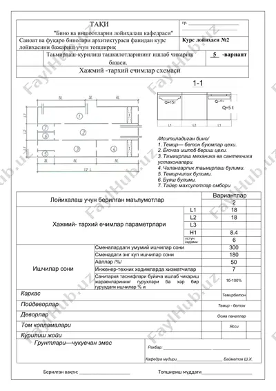 саноат ва фуқаро бинолари архитектураси фанидан курс лойихаси №2 — DOCX