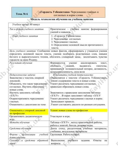 учебное занятие "гордость узбекистана" чередование гласных и согласных в корне слова — DOCX