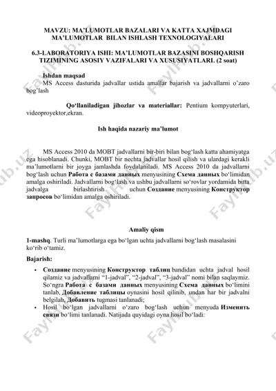 ms access 2010 da mobt jadvallarni bir-biri bilan bog‘lash — DOCX
