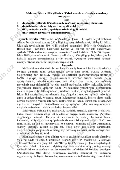 mustaqillik yillarida o‘zbekistonda ma’naviy va madaniy taraqqiyot — DOC