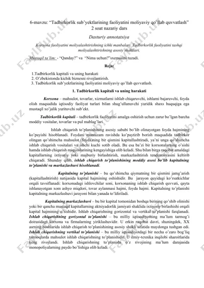 tadbirkorlik sub’yektlarining faoliyatini moliyaviy qo’llab quvvatlash — DOCX