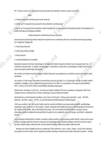 temir yo’l transporti korxonalarida shamollatish, isitish va havo aylanishi — DOCX