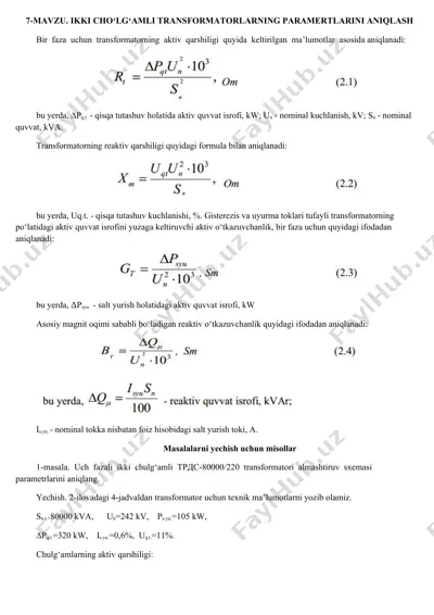 ikki cho‘lg‘amli transfomator parametrlarini aniqlash — DOCX