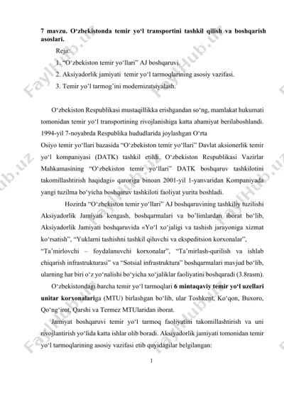 "o‘zbekistonda temir yo‘l transportini tashkil qilish va boshqarish asoslari" — DOCX