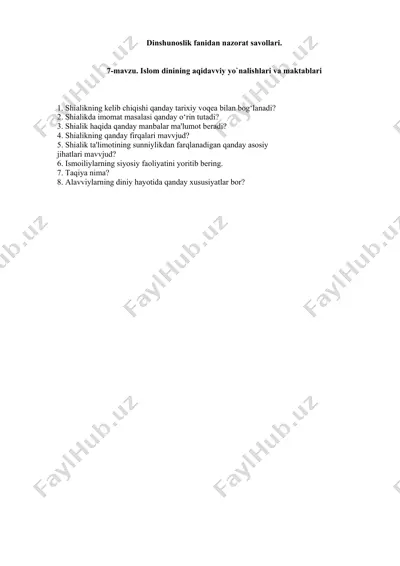 dinshunoslik fanidan nazorat savollari — DOCX