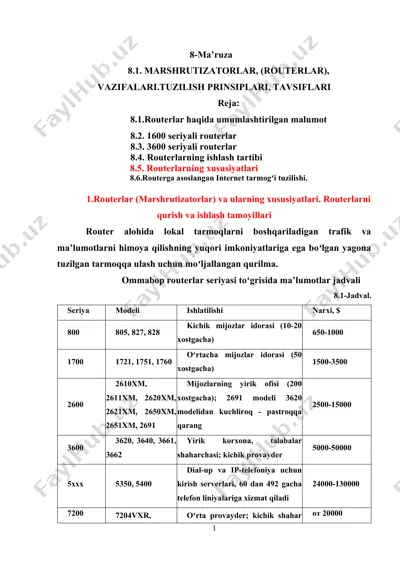 routerlar (marshrutizatorlar) va ularning xususiyatlari — DOCX