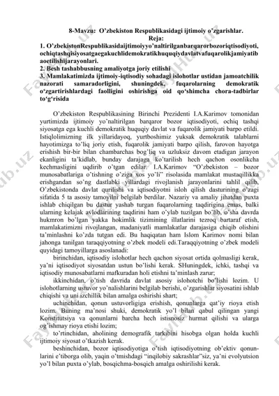 o’zbekiston respublikasidagi ijtimoiy o’zgarishlar — DOC