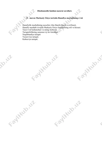 dinshunoslik fanidan nazorat savollari — DOCX