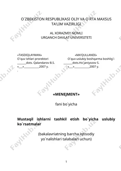 mustaqil ishlarni tashkil etish bo`yicha uslubiy ko`rsatmalar — DOC