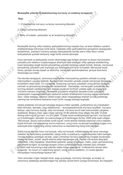 mustaqillik yillarida o‘zbekistonning ma’naviy va madaniy taraqqiyoti — DOCX