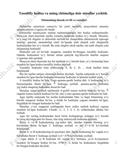 ehtimolning klassik ta'rifi va xossalari — DOCX