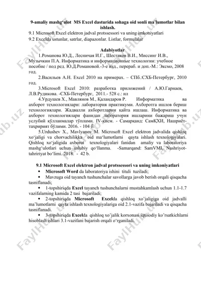 microsoft excel elektron jadval protssessori — DOCX