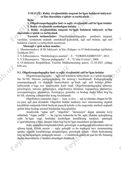oligofrenopedagogika fani va aqliy rivojlanishi zaif bo’lgan bolalar — DOCX