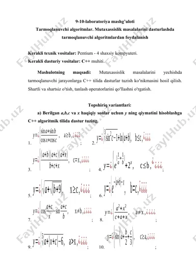 tarmoqlanuvchi algoritmlar. mutaxassislik masalalarini dasturlashda tarmoqlanuvchi algoritmlardan foydalanish — DOCX