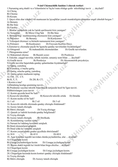 9-sinf chizmachilik fanidan 1-chorak testlari — DOC