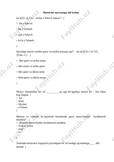 massivlar mavzusiga oid testlar — DOCX