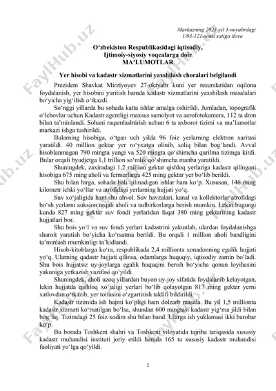 yer hisobi va kadastr xizmatlarini yaxshilash choralari — DOCX