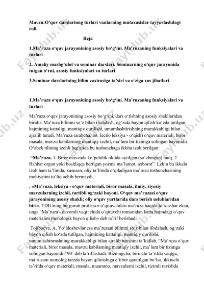 o'quv darslarining turlari va ularning mutaxasislar tayyorlashdagi roli — DOC