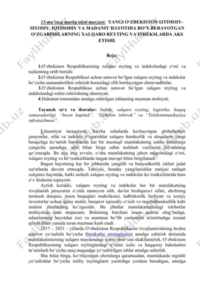 o'zbekiston respublikasining xalqaro reyting va indekslardagi o'rn va nufuzining ortib borishi — DOC