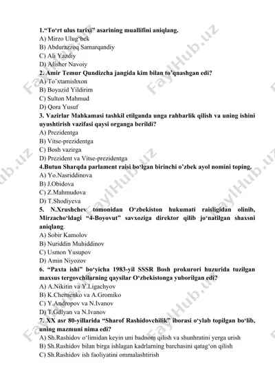 "to‘rt ulus tarixi" asarining muallifi haqida test savolari — DOCX