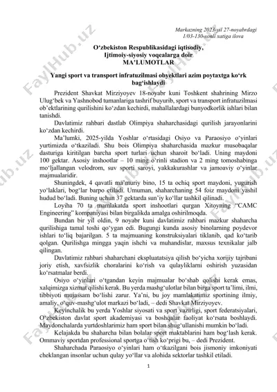 yangi sport va transport infratuzilmasi obyektlari — DOCX