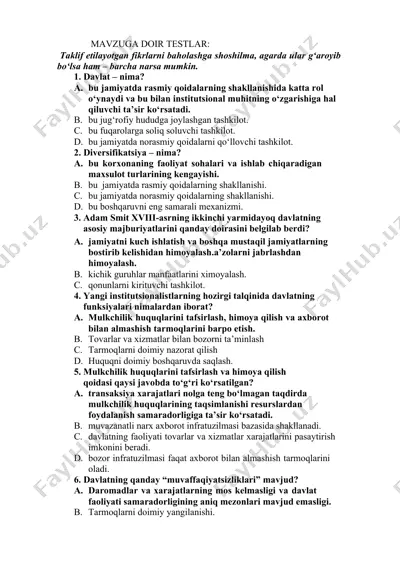 davlat va iqtisodiyot testlar to'plami — DOCX