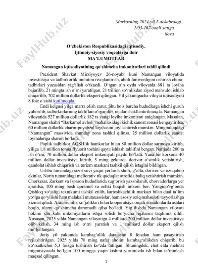namangan iqtisodiyotining qo‘shimcha imkoniyatlari tahlil qilindi — DOCX