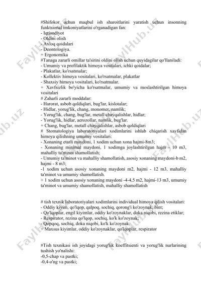 tish texnik laboratoriyalari xodimini ishlab chiqarish xavfidan himoya qilishning umumiy vositalari — DOCX