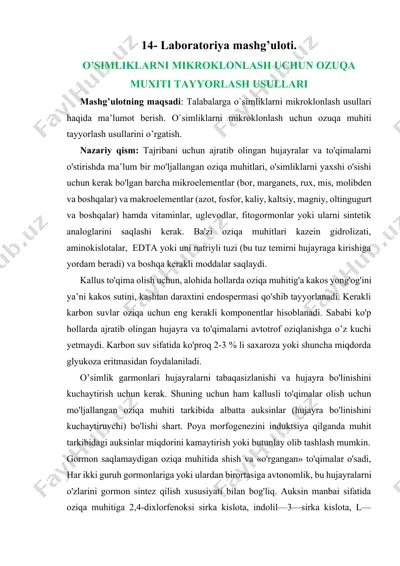o'simliklarni mikroklonlash uchun ozuqa muxiti tayyorlash usullari — DOCX