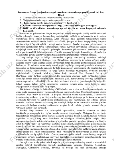 dunyo hamjamiyatining ekstremizm va terrorizmga qarshi kurash tajribasi — DOCX