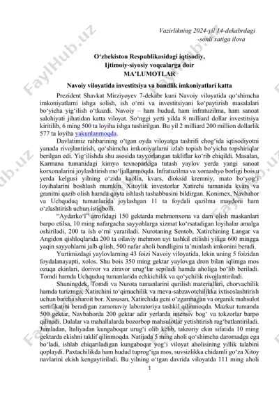 navoiy viloyatida investitsiya va bandlik imkoniyatlari — DOCX
