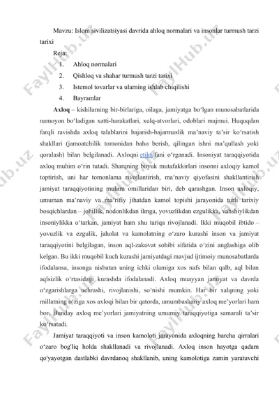 ahloq normalari va insonlar turmush tarzi tarixi — DOCX