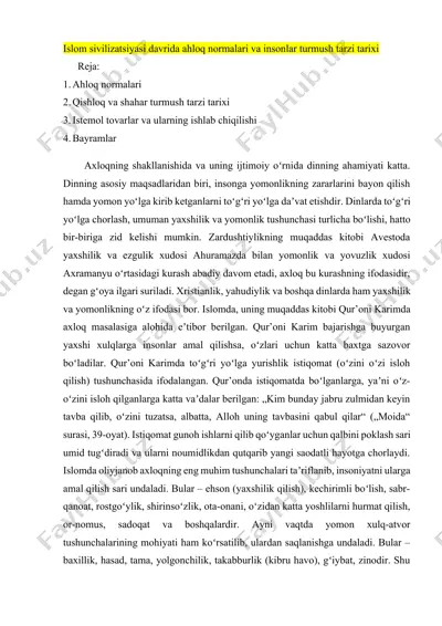 islom sivilizatsiyasi davrida ahloq normalari va insonlar turmush tarzi tarixi — DOCX
