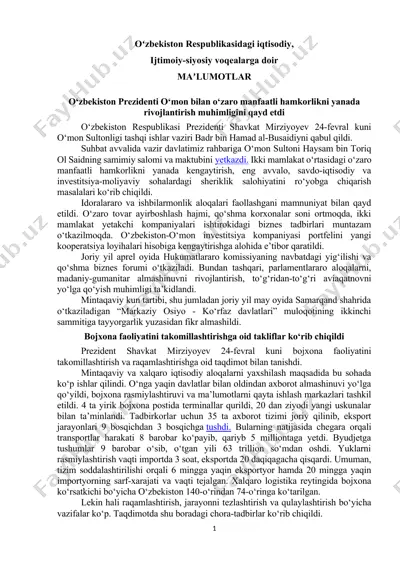 o‘zbekiston respublikasidagi iqtisodiy, ijtimoiy-siyosiy voqealarga doir maʼlumotlar — DOCX