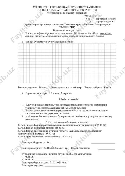 kurs loyihasi "kopriklar va transport tunnellari" fanidan — DOCX