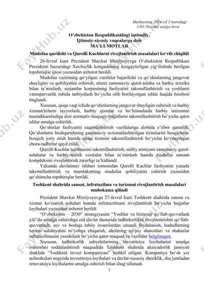 mudofaa va qurolli kuchlar rivojlantirish masalalari haqida ma'lumotlar — DOCX