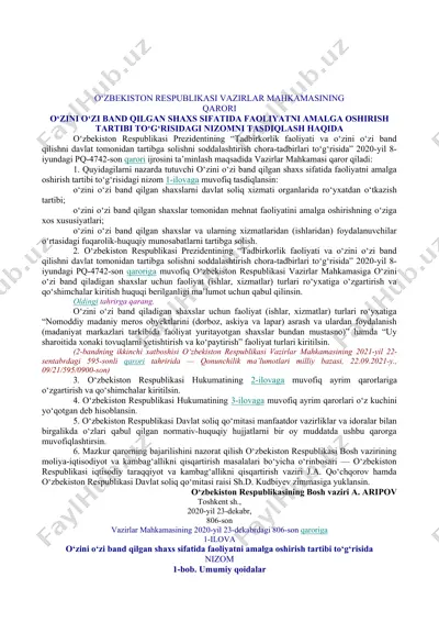 o‘zbekiston respublikasi vazirlar mahkamasining qarori — DOC