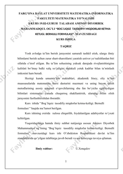 "bog`liqsiz tasodifiy miqdorlar ketma-ketligi. bernulli formulasi" — DOC
