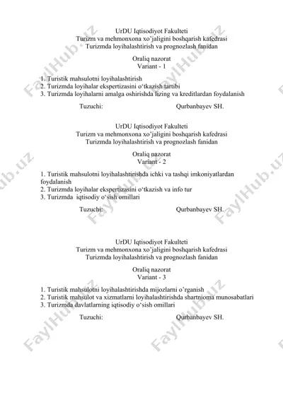 turizm loyihalari loyihalash — DOCX